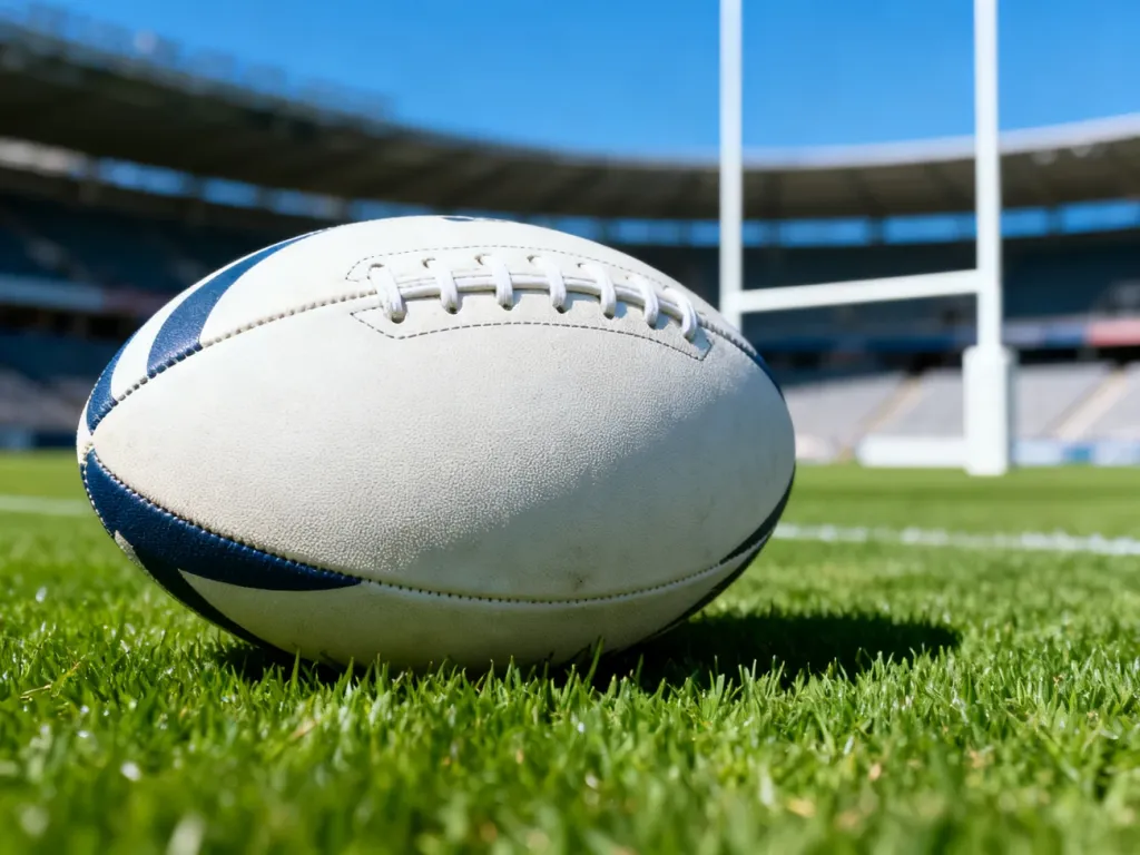 Profesjonalna piłka do rugby leżąca na murawie stadionu w pobliżu słupów bramkowych.