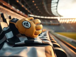 Bramkarz w jaskrawej koszulce stoi skoncentrowany na linii bramkowej nowoczesnego stadionu piłkarskiego o zmierzchu.