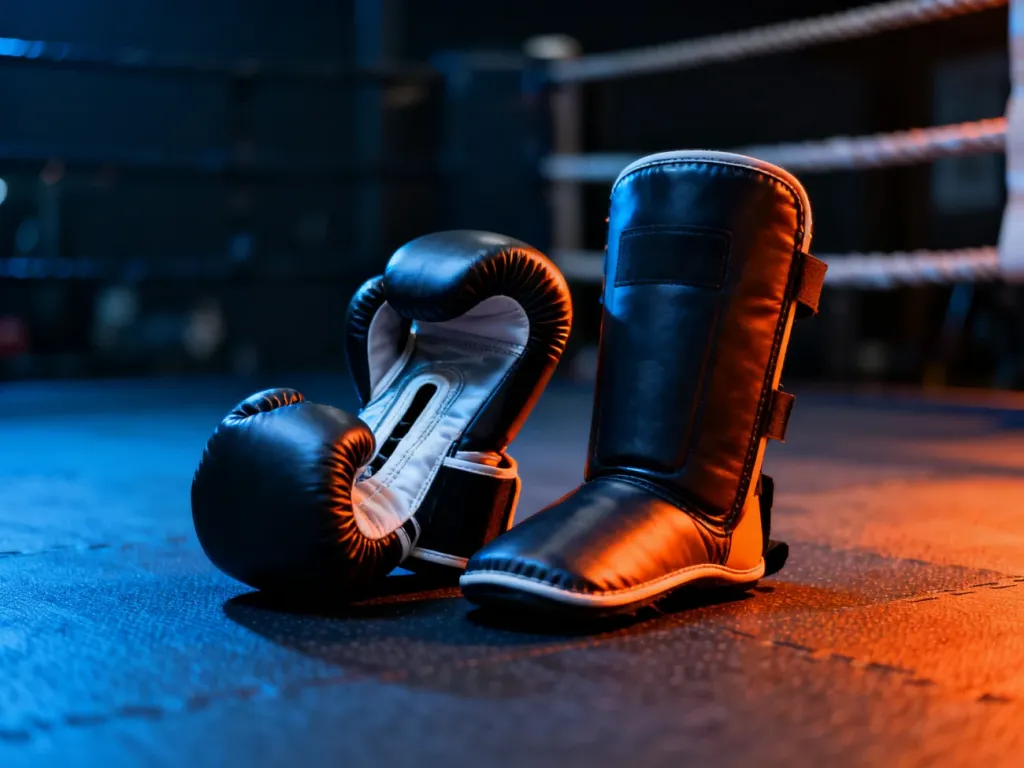 Rękawica bokserska i ochraniacz piszczeli do kickboxingu leżące obok siebie na podłodze sali treningowej.