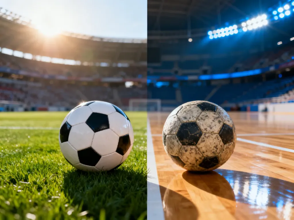 Porównanie piłki nożnej na trawiastym boisku oraz piłki ręcznej na hali sportowej.