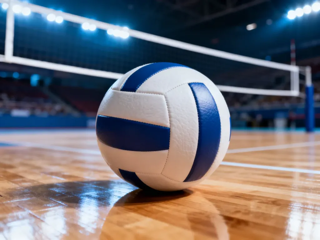 Profesjonalna piłka do siatkówki spoczywająca na drewnianym parkiecie hali sportowej z widoczną w tle siatką.