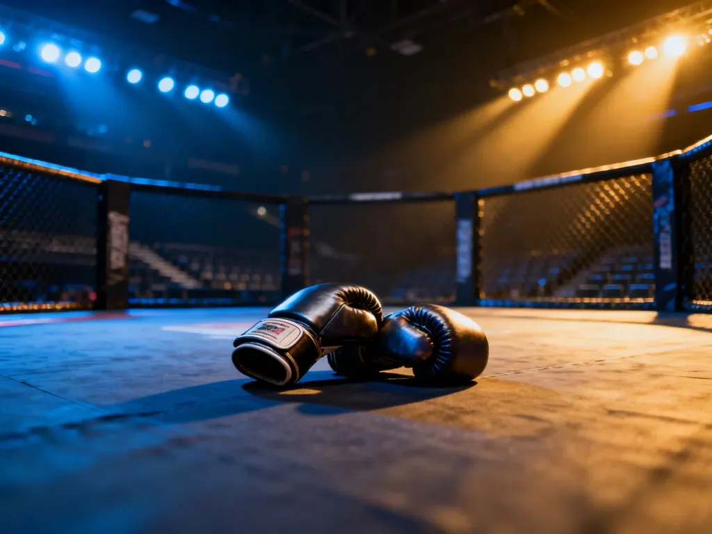 Skórzane rękawice do MMA leżące na środku oktagonu w pustej, oświetlonej arenie.
