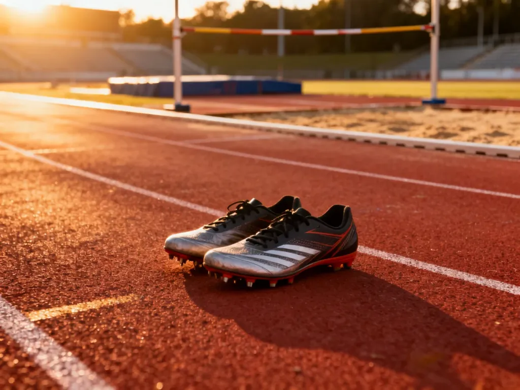 Profesjonalne buty lekkoatletyczne na bieżni stadionu o wschodzie słońca, symbolizujące gotowość do zawodów sportowych.