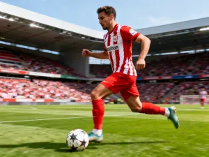 Piłkarz w czerwonej koszulce drybluje z piłką na zielonej murawie stadionu, dynamiczna akcja meczu w pełnym biegu