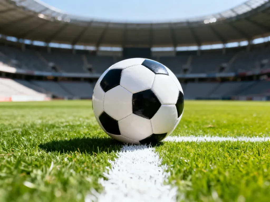 Piłka nożna leżąca na linii boiska przed meczem na pustym stadionie. Symbolizuje początek rywalizacji i sportowe emocje.