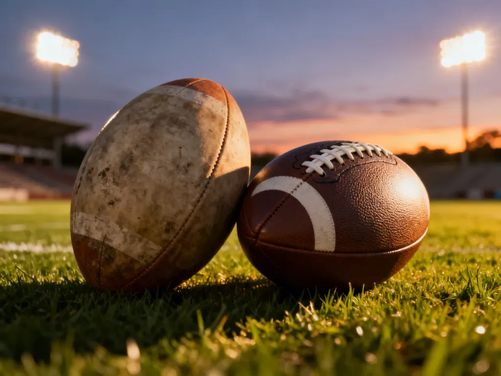 Zużyta piłka do rugby i nowoczesna futbolówka leżące obok siebie na murawie stadionu w świetle zachodzącego słońca.