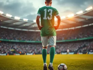 Piłkarz w czerwonym stroju trenuje na stadionie, piłka leży na trawie, atmosfera przygotowań do meczu Podolskiego