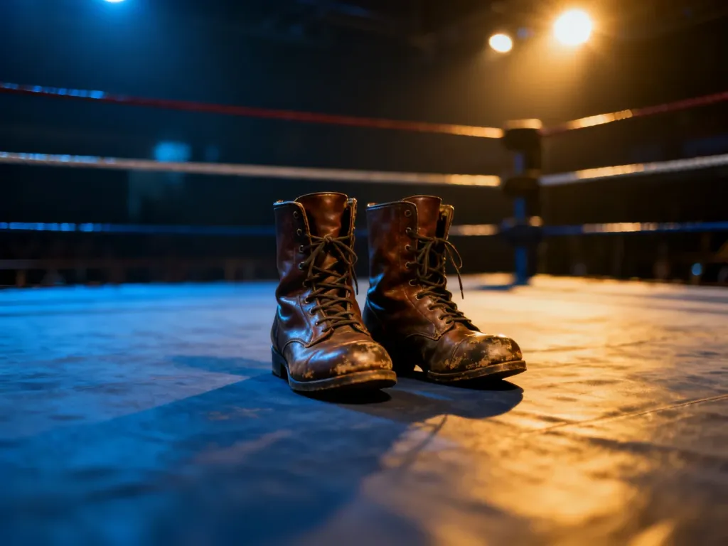 Zużyte buty zapaśnicze leżące na środku maty w słabo oświetlonej arenie, budujące atmosferę skupienia i sportowej rywalizacji.