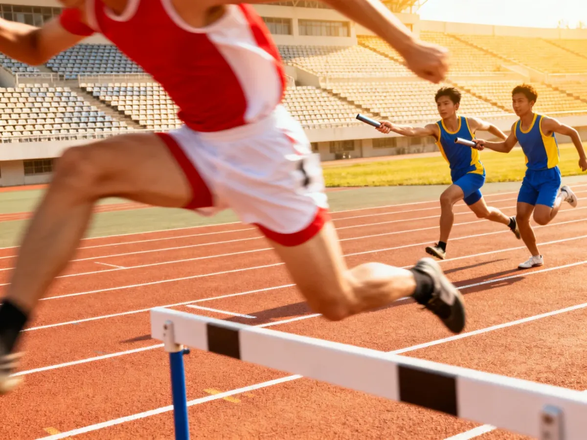 Biegacz pokonujący płotek na bieżni lekkoatletycznej