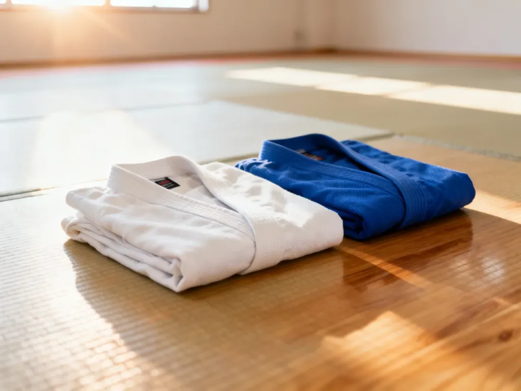 Złożone białe i niebieskie kimono do sztuk walki leżące na matach tatami w słonecznym dojo.
