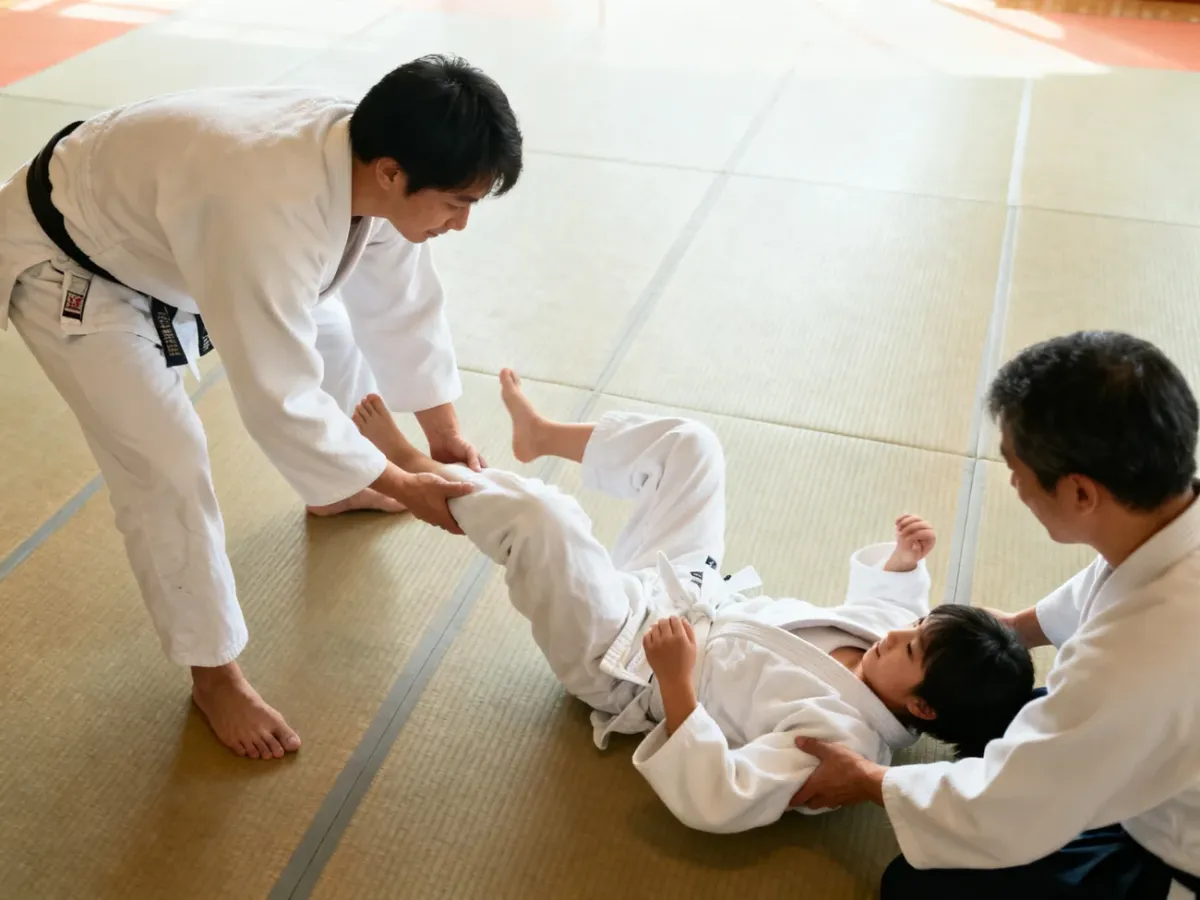 Początkujący judocy uczący się bezpiecznego padania