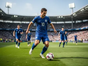 Przemysław Frankowski w dynamicznym biegu z piłką podczas meczu w biało-czerwonej koszulce reprezentacji Polski.