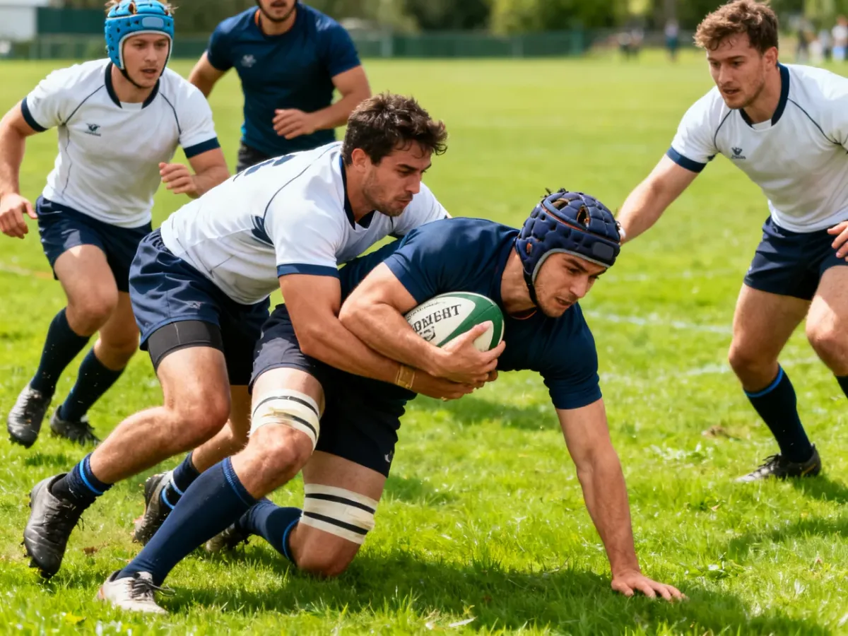 Zawodnicy rugby podczas legalnej szarży na boisku