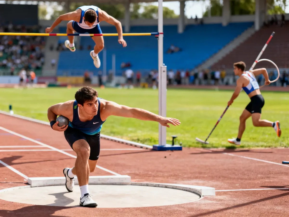 Zawodnik pchający kulę podczas zawodów lekkoatletycznych