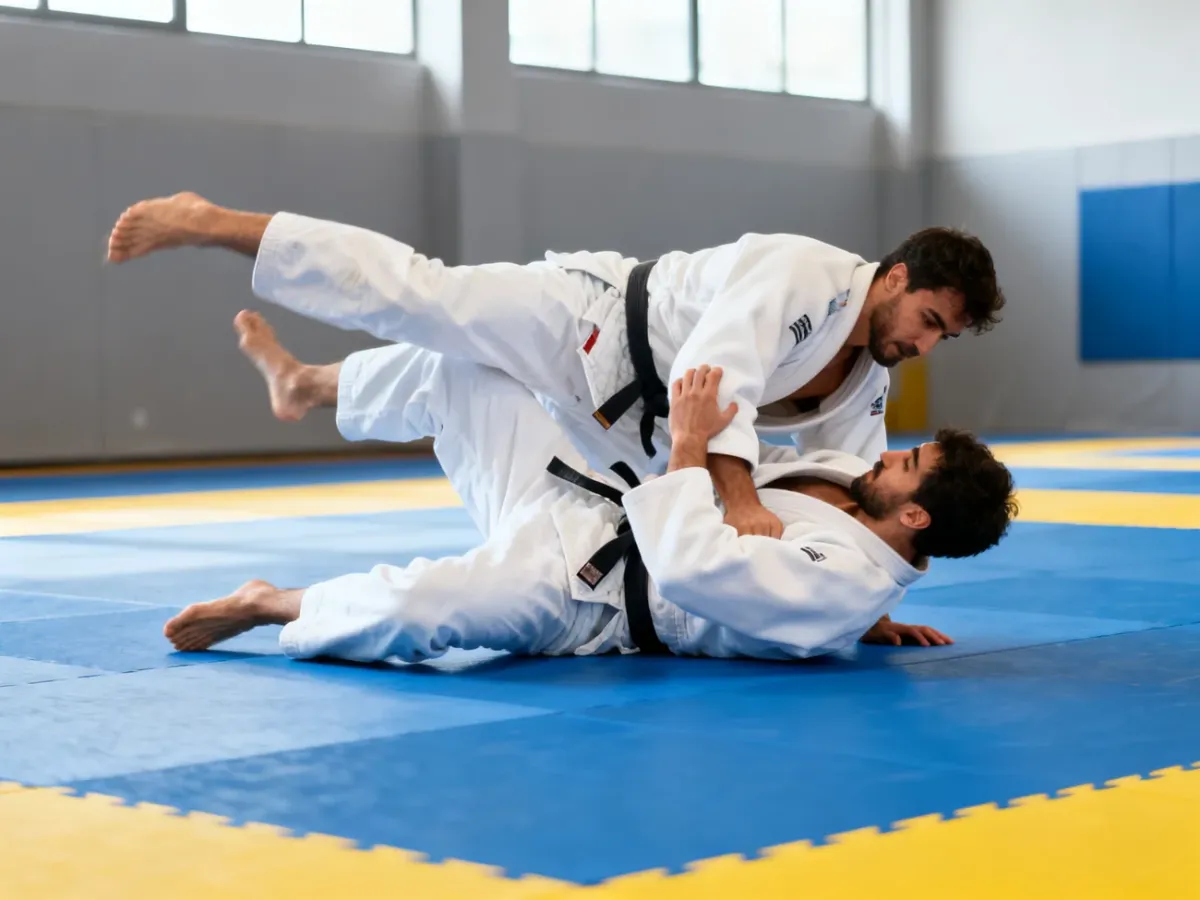 Judocy wykonujący kontrolowany rzut na macie tatami