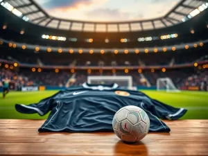 Piłka na murawie stadionu, w tle piłkarz w biało-czerwonym stroju gotowy do akcji, atmosfera profesjonalnego meczu.