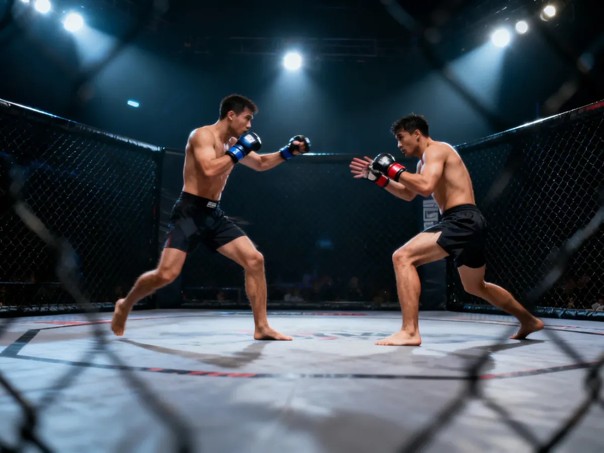 Zawodnicy MMA podczas przejścia między stójką a klinczem w klatce