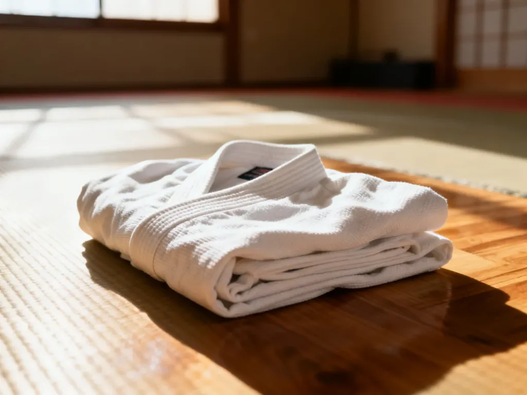 Starannie złożone białe judogi na matcie tatami w tradycyjnym japońskim dojo oświetlonym porannym słońcem.