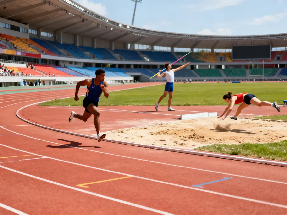 Zawodnicy rywalizujący w biegach, skokach i rzutach na stadionie lekkoatletycznym