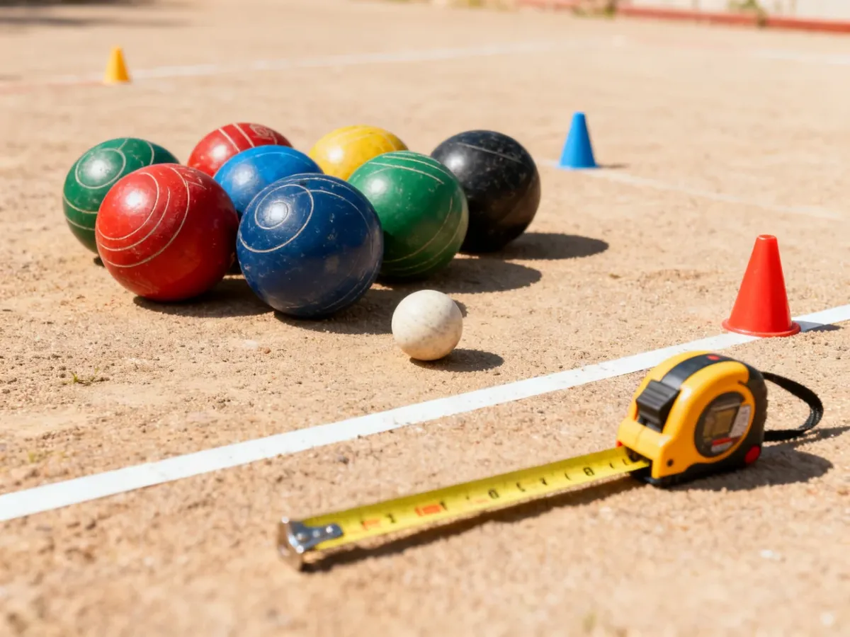 Zestaw bil, pallino i miara przygotowane do gry w bocce