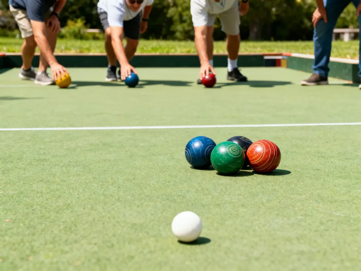 Gracze rozgrywający partię bocce na trawiastym boisku