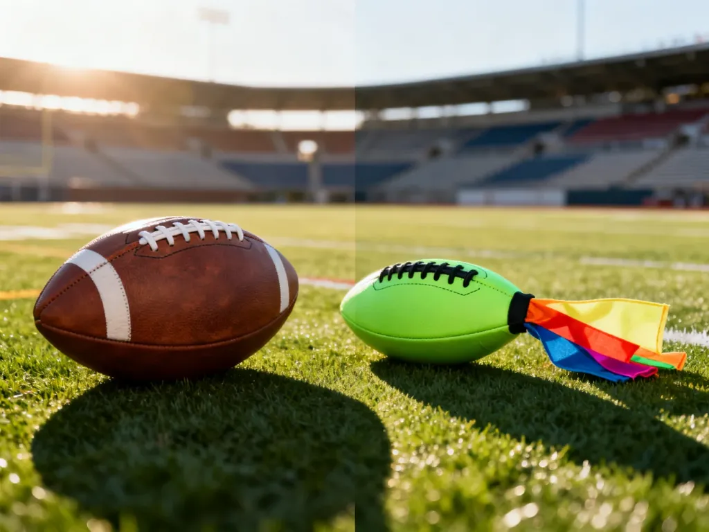 Porównanie klasycznej piłki do futbolu amerykańskiego oraz piłki do flagówki z kolorowymi pasami na murawie boiska.