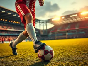 Piłkarz w czerwonej koszulce drybluje z piłką na zielonej murawie stadionu, dynamiczna akcja meczu w pełnym biegu